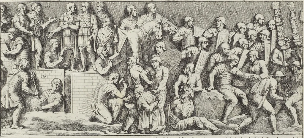 An illustration from Colonna Traiana eretta dal Senato, e popolo romano all'imperatore Traiano Avgvsto nel svo foro in Roma [electronic resource]: scolpita con l'historie della gverra dacica la prima e la seconda espeditione, e vittoria contro il re Decebalo, 1673, leaf 81