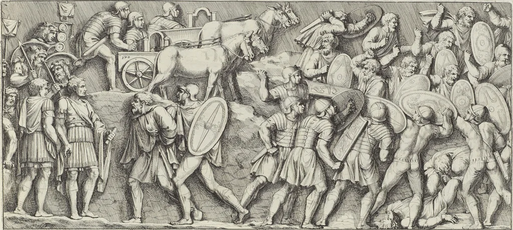 An illustration from Colonna Traiana eretta dal Senato, e popolo romano all'imperatore Traiano Avgvsto nel svo foro in Roma [electronic resource]: scolpita con l'historie della gverra dacica la prima e la seconda espeditione, e vittoria contro il re Decebalo, 1673, leaf 83