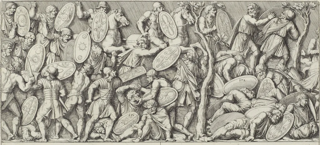An illustration from Colonna Traiana eretta dal Senato, e popolo romano all'imperatore Traiano Avgvsto nel svo foro in Roma [electronic resource]: scolpita con l'historie della gverra dacica la prima e la seconda espeditione, e vittoria contro il re Decebalo, 1673, leaf 85