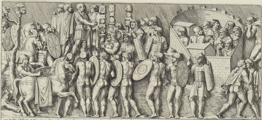 An illustration from Colonna Traiana eretta dal Senato, e popolo romano all'imperatore Traiano Avgvsto nel svo foro in Roma [electronic resource]: scolpita con l'historie della gverra dacica la prima e la seconda espeditione, e vittoria contro il re Decebalo, 1673, leaf 87