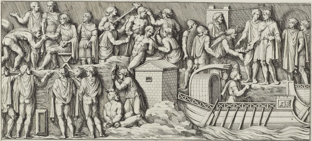 An illustration from Colonna Traiana eretta dal Senato, e popolo romano all'imperatore Traiano Avgvsto nel svo foro in Roma [electronic resource]: scolpita con l'historie della gverra dacica la prima e la seconda espeditione, e vittoria contro il re Decebalo, 1673, leaf 89