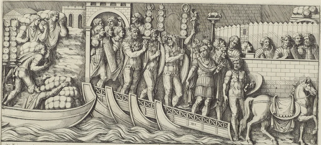 An illustration from Colonna Traiana eretta dal Senato, e popolo romano all'imperatore Traiano Avgvsto nel svo foro in Roma [electronic resource]: scolpita con l'historie della gverra dacica la prima e la seconda espeditione, e vittoria contro il re Decebalo, 1673, leaf 91