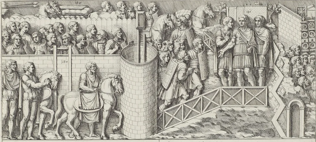 An illustration from Colonna Traiana eretta dal Senato, e popolo romano all'imperatore Traiano Avgvsto nel svo foro in Roma [electronic resource]: scolpita con l'historie della gverra dacica la prima e la seconda espeditione, e vittoria contro il re Decebalo, 1673, leaf 93
