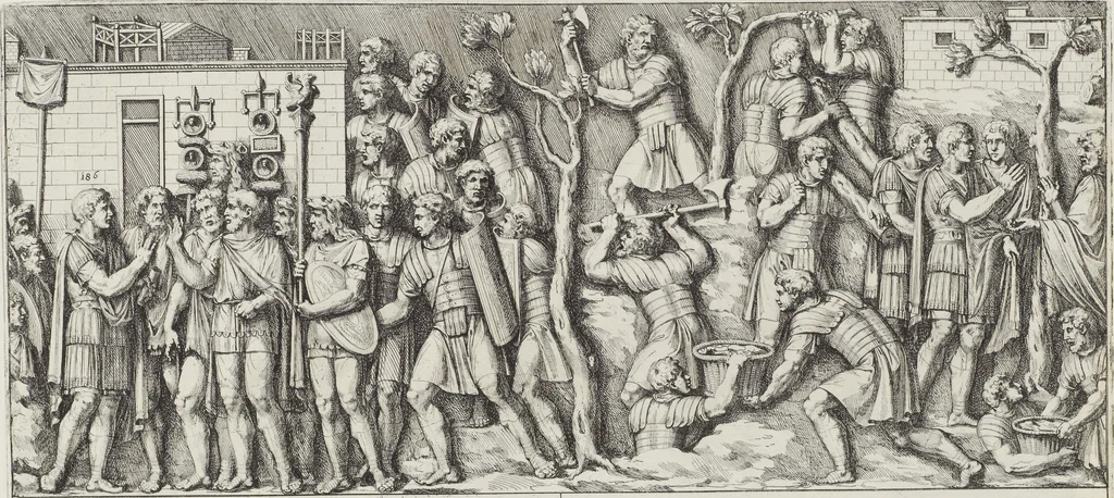 An illustration from Colonna Traiana eretta dal Senato, e popolo romano all'imperatore Traiano Avgvsto nel svo foro in Roma [electronic resource]: scolpita con l'historie della gverra dacica la prima e la seconda espeditione, e vittoria contro il re Decebalo, 1673, leaf 95