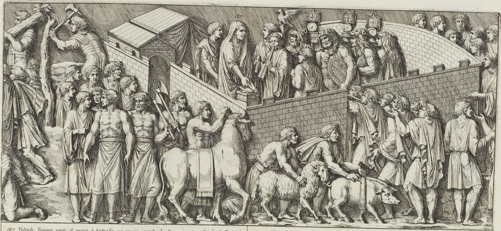 An illustration from Colonna Traiana eretta dal Senato, e popolo romano all'imperatore Traiano Avgvsto nel svo foro in Roma [electronic resource]: scolpita con l'historie della gverra dacica la prima e la seconda espeditione, e vittoria contro il re Decebalo, 1673, leaf 97