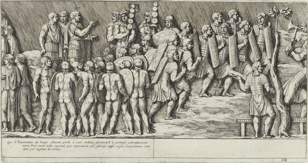 An illustration from Colonna Traiana eretta dal Senato, e popolo romano all'imperatore Traiano Avgvsto nel svo foro in Roma [electronic resource]: scolpita con l'historie della gverra dacica la prima e la seconda espeditione, e vittoria contro il re Decebalo, 1673, leaf 99
