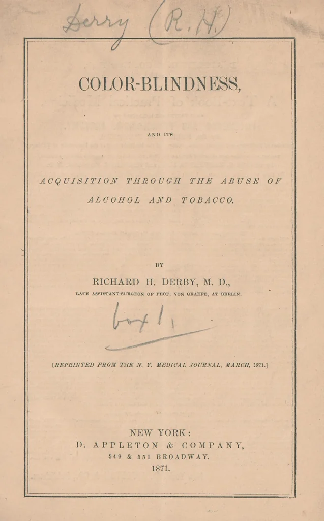 An illustration from Color-blindness and its acquisition through the abuse of alcohol and tobacco, 1871, leaf 0