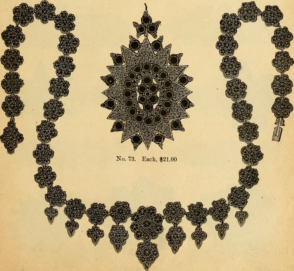 An illustration from 13th annual illustrated catalog, 1889 ... containing illustrations and prices of a few leading and staple styles of diamonds, watches, jewelry, silverware, clocks, canes, umbrellas, opera glasses, gold spectacles, eye glasses, etc., 1889, leaf 414