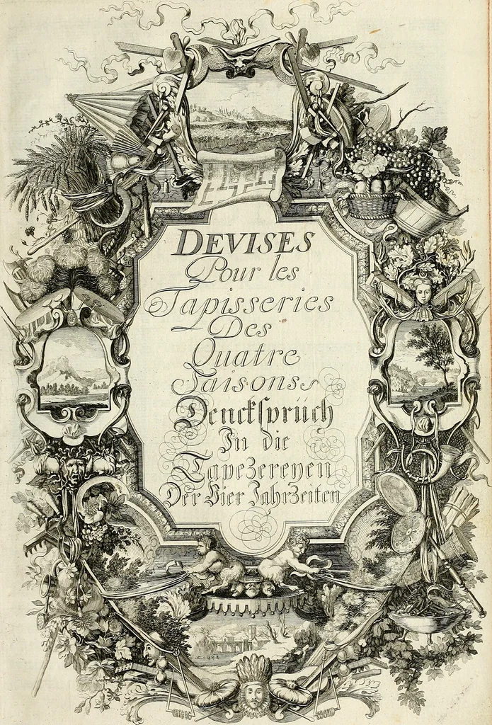An illustration from Tapisseries du roy, ou sont representez les quatre elemens et les quatre saisons : avec les devises qvi les accompagnent et leur explication = Königliche französische Tapezereyen, oder überaus schöne Sinn-Bilder, in welchen die vier Element, samt den vier Jahr-Zeiten, neben den Dencksprüchen und ihren Ausslegungen, vorgestellet werden, 1690, leaf 80