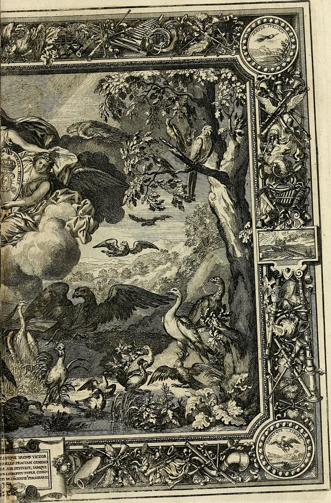 An illustration from Tapisseries du roy, ou sont representez les quatre elemens et les quatre saisons : avec les devises qvi les accompagnent & leur explication = Königliche französische Tapezereyen, oder überauss schöne Sinn-Bilder, in welchen die vier Element, samt den vier Jahr-Zeiten, neben den Dencksprüchen und ihren Ausslegungen, vorgestellet werden, 1690, leaf 40