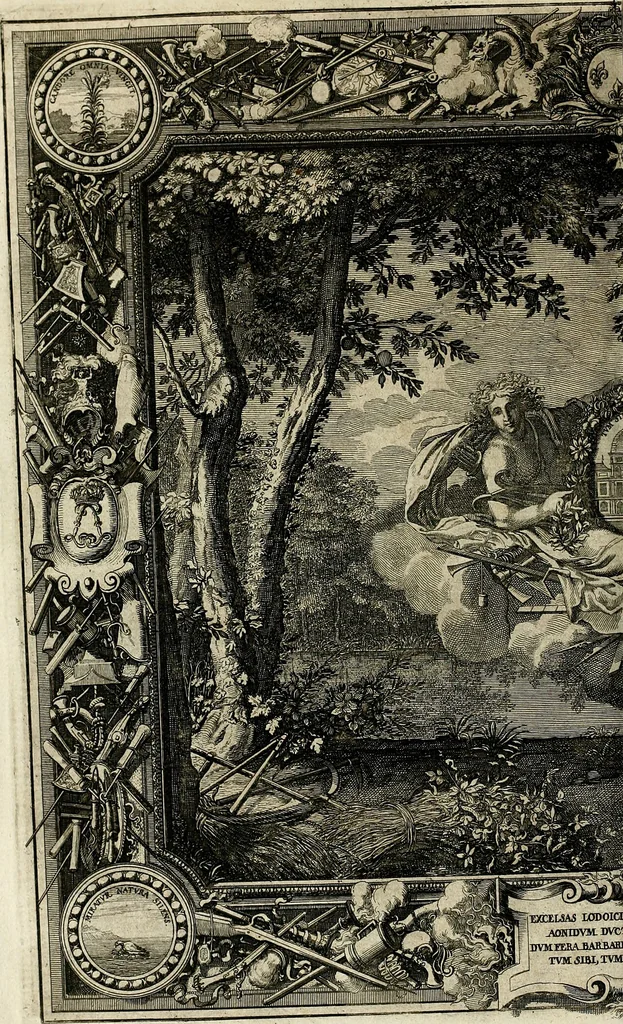 An illustration from Tapisseries du roy, ou sont representez les quatre elemens et les quatre saisons : avec les devises qvi les accompagnent & leur explication = Königliche französische Tapezereyen, oder überauss schöne Sinn-Bilder, in welchen die vier Element, samt den vier Jahr-Zeiten, neben den Dencksprüchen und ihren Ausslegungen, vorgestellet werden, 1690, leaf 111