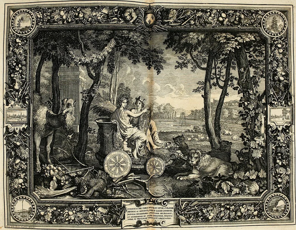 An illustration from Tapisseries du roy, ou sont representez les quatre elemens et les quatre saisons : avec les devises qvi les accompagnent & leur explication = Königliche französische Tapezereyen, oder überauss schöne Sinn-Bilder, in welchen die vier Element, samt den vier Jahr-Zeiten, neben den Dencksprüchen und ihren Ausslegungen, vorgestellet werden, 1690, leaf 71