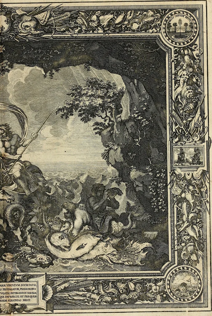 An illustration from Tapisseries du roy, ou sont representez les quatre elemens et les quatre saisons : avec les devises qvi les accompagnent & leur explication = Königliche französische Tapezereyen, oder überauss schöne Sinn-Bilder, in welchen die vier Element, samt den vier Jahr-Zeiten, neben den Dencksprüchen und ihren Ausslegungen, vorgestellet werden, 1690, leaf 54