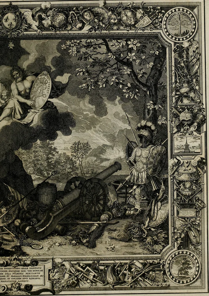 An illustration from Tapisseries du Roy, ou sont representez les quatre elemens et les quatre saisons ; avec les devises qui les accompagnent et leur explication = KÃ¶nigliche franzÃ¶sische Tapezereyen, oder Ã¼beraus schÃ¶ne Sinn-Bilder, in welchen die vier Element, samt den vier Jahr-Zeiten, neben den DencksprÃ¼chen und ihren Ausslegungen, vorgestellet werden. Aus den Original-Kupffern nachgezeichnet, und den Kunstliebenden zu Nutzen und ErgÃ¶tzen an den Tag gegeben und verlegt, 1690, leaf 24