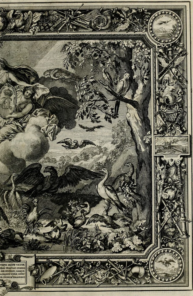 An illustration from Tapisseries du Roy, ou sont representez les quatre elemens et les quatre saisons ; avec les devises qui les accompagnent et leur explication = Königliche französische Tapezereyen, oder überaus schöne Sinn-Bilder, in welchen die vier Element, samt den vier Jahr-Zeiten, neben den Dencksprüchen und ihren Ausslegungen, vorgestellet werden. Aus den Original-Kupffern nachgezeichnet, und den Kunstliebenden zu Nutzen und Ergötzen an den Tag gegeben und verlegt, 1690, leaf 40