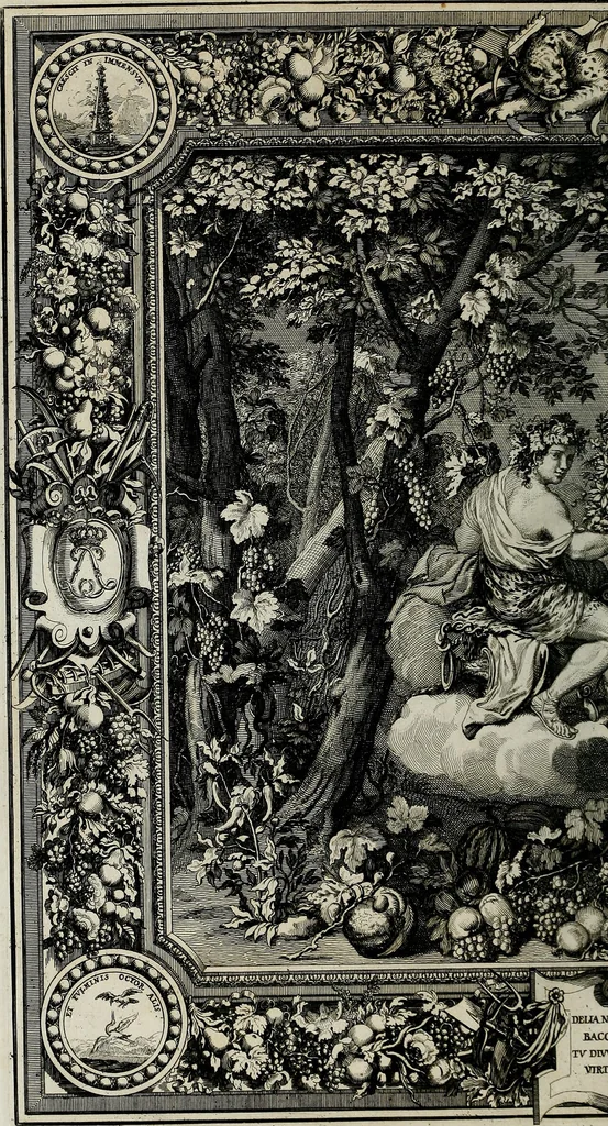 An illustration from Tapisseries du Roy, ou sont representez les quatre elemens et les quatre saisons ; avec les devises qui les accompagnent et leur explication = Königliche französische Tapezereyen, oder überaus schöne Sinn-Bilder, in welchen die vier Element, samt den vier Jahr-Zeiten, neben den Dencksprüchen und ihren Ausslegungen, vorgestellet werden. Aus den Original-Kupffern nachgezeichnet, und den Kunstliebenden zu Nutzen und Ergötzen an den Tag gegeben und verlegt, 1690, leaf 127