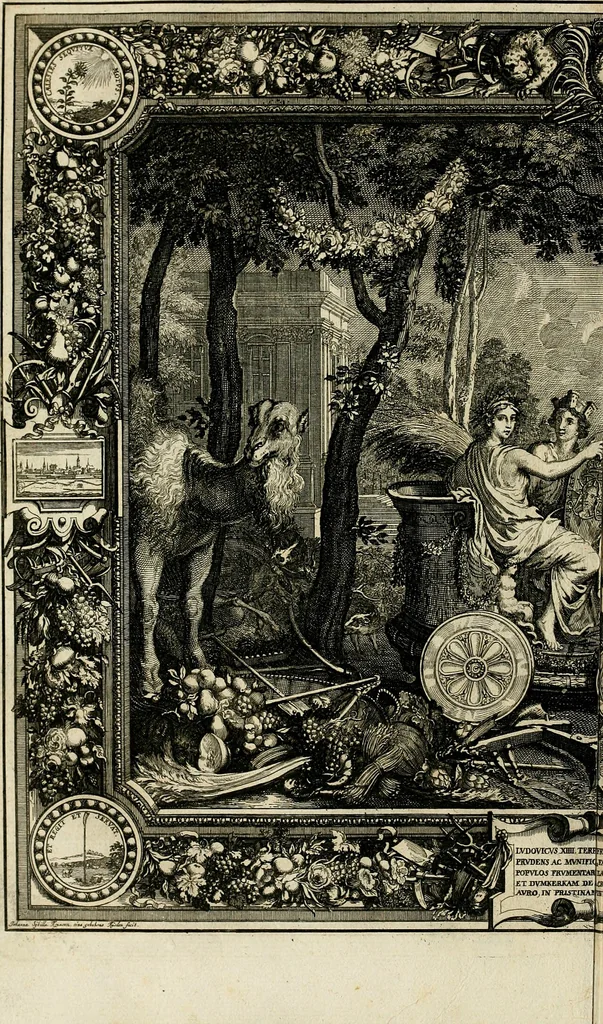 An illustration from Tapisseries du roy, ou sont representez les quatre elemens et les quatre saisons : avec les devises qvi les accompagnent & leur explication = Königliche französische Tapezereyen, oder überauss schöne Sinn-Bilder, in welchen die vier Element, samt den vier Jahr-Zeiten, neben den Dencksprüchen und ihren Ausslegungen, vorgestellet werden, 1690, leaf 69