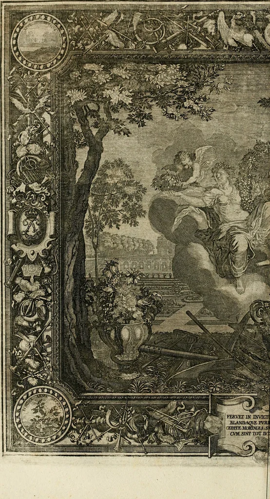 An illustration from Tapisseries du roy, ou sont representez les quatre elemens et les quatre saisons : avec les devises qvi les accompagnent & leur explication = Königliche französische Tapezereyen, oder überauss schöne Sinn-Bilder, in welchen die vier Element, samt den vier Jahr-Zeiten, neben den Dencksprüchen und ihren Ausslegungen, vorgestellet werden, 1690, leaf 93