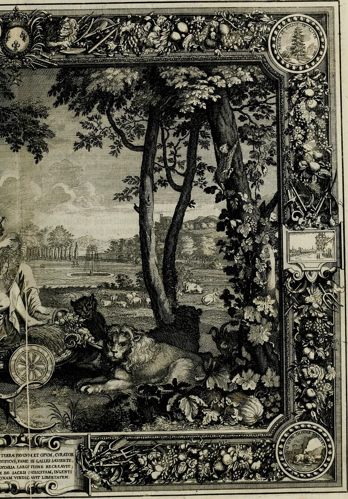 An illustration from Tapisseries du Roy, ou sont representez les quatre elemens et les quatre saisons ; avec les devises qui les accompagnent et leur explication = Königliche französische Tapezereyen, oder überaus schöne Sinn-Bilder, in welchen die vier Element, samt den vier Jahr-Zeiten, neben den Dencksprüchen und ihren Ausslegungen, vorgestellet werden. Aus den Original-Kupffern nachgezeichnet, und den Kunstliebenden zu Nutzen und Ergötzen an den Tag gegeben und verlegt, 1690, leaf 70