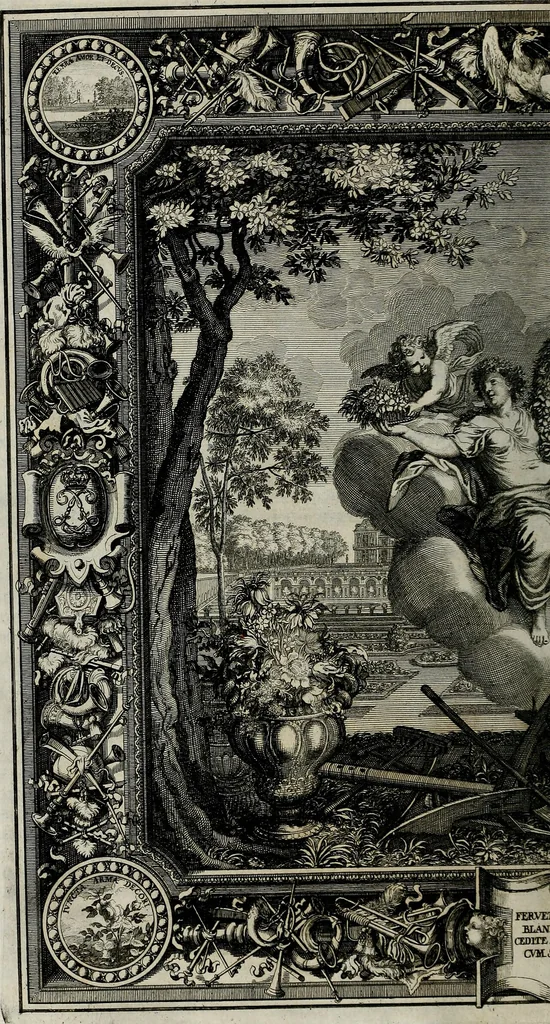 An illustration from Tapisseries du Roy, ou sont representez les quatre elemens et les quatre saisons ; avec les devises qui les accompagnent et leur explication = Königliche französische Tapezereyen, oder überaus schöne Sinn-Bilder, in welchen die vier Element, samt den vier Jahr-Zeiten, neben den Dencksprüchen und ihren Ausslegungen, vorgestellet werden. Aus den Original-Kupffern nachgezeichnet, und den Kunstliebenden zu Nutzen und Ergötzen an den Tag gegeben und verlegt, 1690, leaf 93