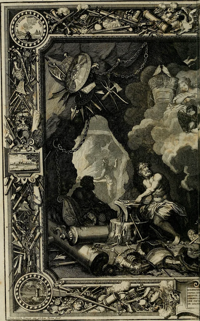 An illustration from Tapisseries du Roy, ou sont representez les quatre elemens et les quatre saisons : avec les devises qui les accompagnent et leur explication. Königliche französische Tapezereyen ..., 1687, leaf 27