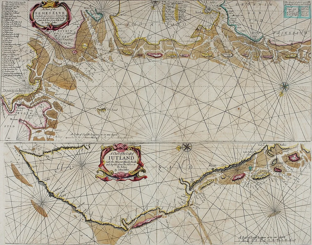 An illustration from Atlas maritimus, or A book of charts : Describeing the sea coasts capes headlands sands shoals rocks and dangers the bayes roads harbors rivers and ports, in most of the knowne parts of the world. With the true courses and distances, from one place to another : Gathered from the latest and best discoveryes, that have bin made by divers able and experienced navigators of our English nation : Accomodated with an hydrographicall description of the whole world, 1672, leaf 44