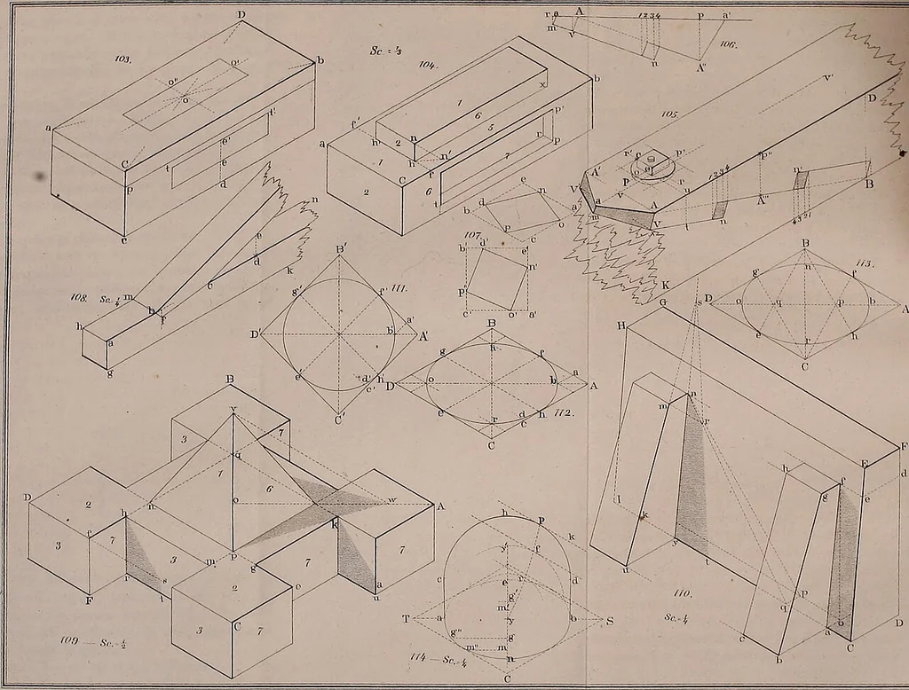 An illustration from A manual of elementary geometrical drawing, involving three dimensions. Designed for use in high schools, academies, engineering schools, etc. : and for the self-instruction of inventors,artizans, etc. ... In five divisions .., 1867, leaf 128