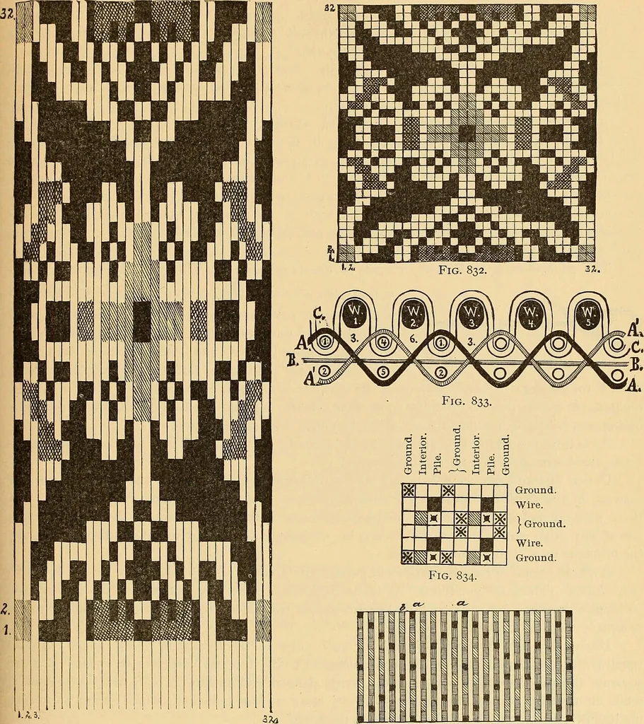 An illustration from Technology of textile design. Being a practical treatise on the construction and application of weaves for all textile fabrics, with minute reference to the latest inventions for weaving. Containing also an appendix showing the analysis and giving the calculations necessary for the manufacture of the various textile fabrics, 1889, leaf 192