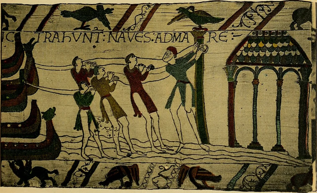 An illustration from The book of the Bayeux tapestry :, 1914, leaf 64