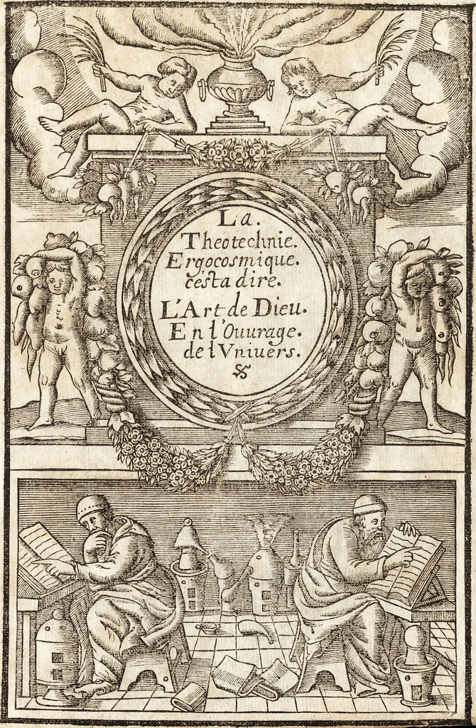 An illustration from Le vray et methodique cours de la physique resolutiue, vulgairement dite chymie : representé par figures generales & particulieres : pour connoistre la theotechnie ergocosmique, c'est à dire, l'art de Dieu, en l'ouurage de l'vniuers, 1653, leaf 4