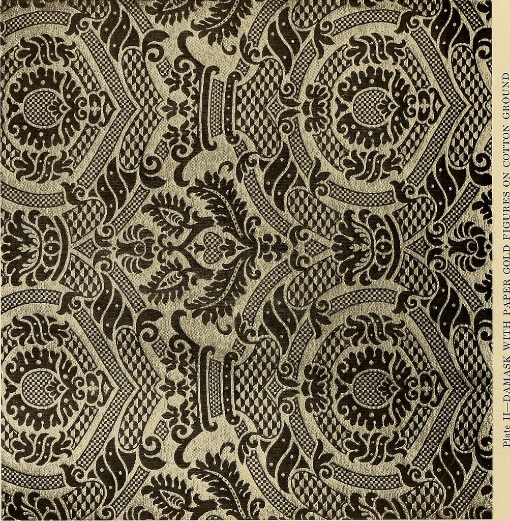 An illustration from Decorative textiles; an illustrated book on coverings for furniture, walls and floors, including damasks, brocades and velvets, tapestries, laces, embroideries, chintzes, cretonnes, drapery and furniture trimmings, wall papers, carpets and rugs, tooled and illuminated leathers, 1918, leaf 91
