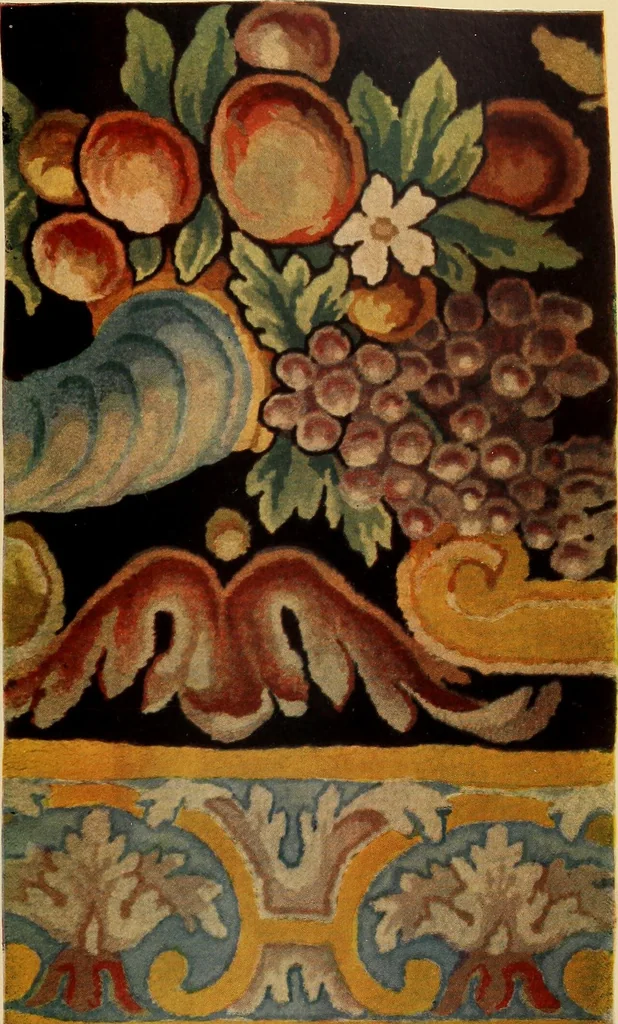 An illustration from Decorative textiles; an illustrated book on coverings for furniture, walls and floors, including damasks, brocades and velvets, tapestries, laces, embroideries, chintzes, cretonnes, drapery and furniture trimmings, wall papers, carpets and rugs, tooled and illuminated leathers, 1918, leaf 168