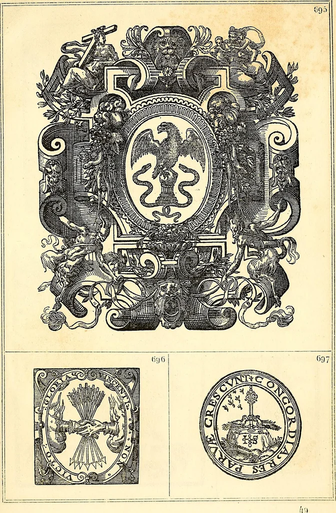 An illustration from Marques typographiques, ou, Recueil des monogrammes, chiffres, enseignes, emblèmes, devises, rébus et fleurons des libraires et imprimeurs qui ont exercé en France depuis l'introduction de l'imprimerie en 1470 jusqu'à la fin du seizième siècle : à ces marques sont jointes celles des libraires et imprimeurs qui pendant la même période ont publié, hors de France, des livres en langue française, 1867, leaf 16