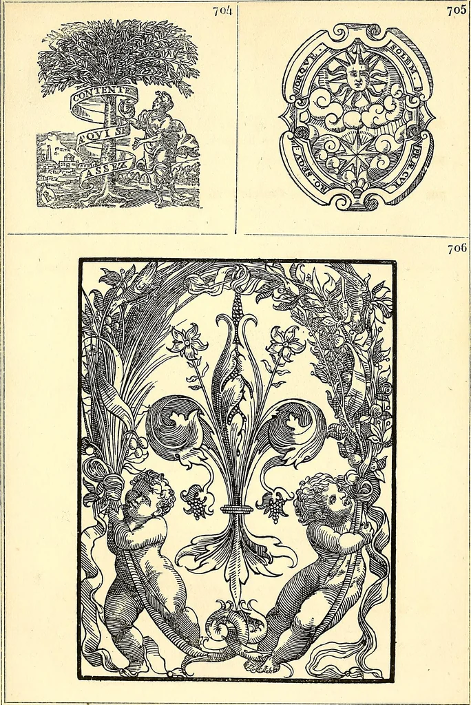 An illustration from Marques typographiques, ou, Recueil des monogrammes, chiffres, enseignes, emblèmes, devises, rébus et fleurons des libraires et imprimeurs qui ont exercé en France depuis l'introduction de l'imprimerie en 1470 jusqu'à la fin du seizième siècle : à ces marques sont jointes celles des libraires et imprimeurs qui pendant la même période ont publié, hors de France, des livres en langue française, 1867, leaf 22