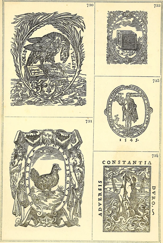 An illustration from Marques typographiques, ou, Recueil des monogrammes, chiffres, enseignes, emblèmes, devises, rébus et fleurons des libraires et imprimeurs qui ont exercé en France depuis l'introduction de l'imprimerie en 1470 jusqu'à la fin du seizième siècle : à ces marques sont jointes celles des libraires et imprimeurs qui pendant la même période ont publié, hors de France, des livres en langue française, 1867, leaf 34
