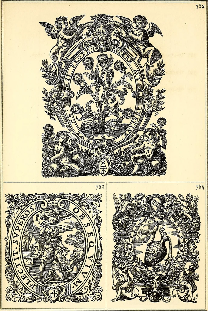 An illustration from Marques typographiques, ou, Recueil des monogrammes, chiffres, enseignes, emblèmes, devises, rébus et fleurons des libraires et imprimeurs qui ont exercé en France depuis l'introduction de l'imprimerie en 1470 jusqu'à la fin du seizième siècle : à ces marques sont jointes celles des libraires et imprimeurs qui pendant la même période ont publié, hors de France, des livres en langue française, 1867, leaf 52
