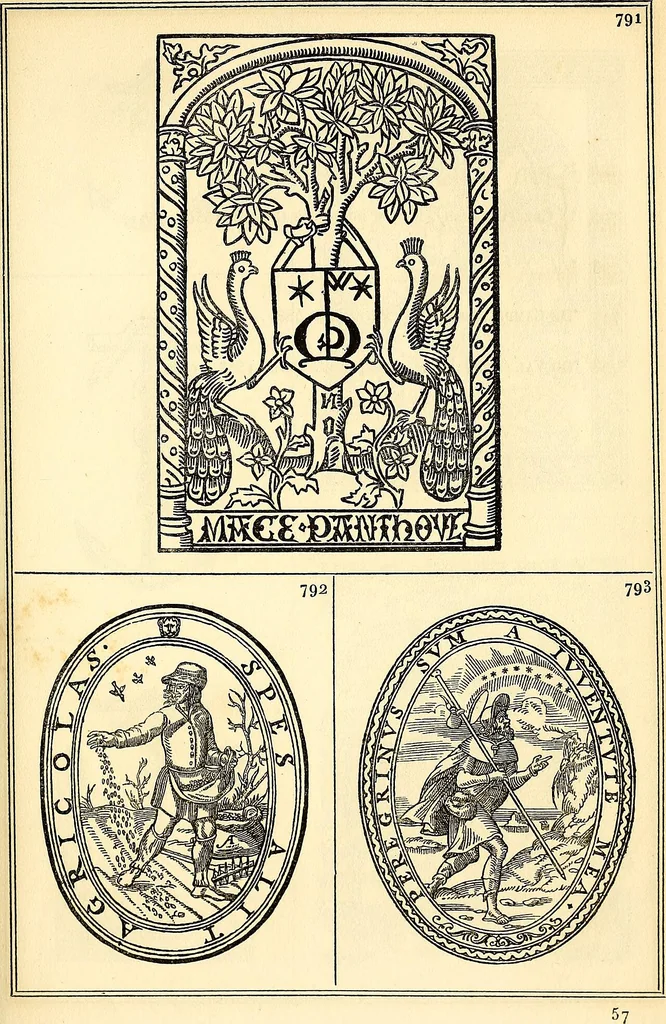An illustration from Marques typographiques, ou, Recueil des monogrammes, chiffres, enseignes, emblèmes, devises, rébus et fleurons des libraires et imprimeurs qui ont exercé en France depuis l'introduction de l'imprimerie en 1470 jusqu'à la fin du seizième siècle : à ces marques sont jointes celles des libraires et imprimeurs qui pendant la même période ont publié, hors de France, des livres en langue française, 1867, leaf 80