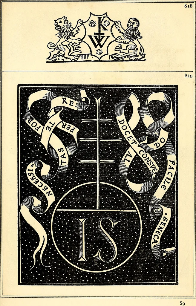 An illustration from Marques typographiques, ou, Recueil des monogrammes, chiffres, enseignes, emblèmes, devises, rébus et fleurons des libraires et imprimeurs qui ont exercé en France depuis l'introduction de l'imprimerie en 1470 jusqu'à la fin du seizième siècle : à ces marques sont jointes celles des libraires et imprimeurs qui pendant la même période ont publié, hors de France, des livres en langue française, 1867, leaf 96