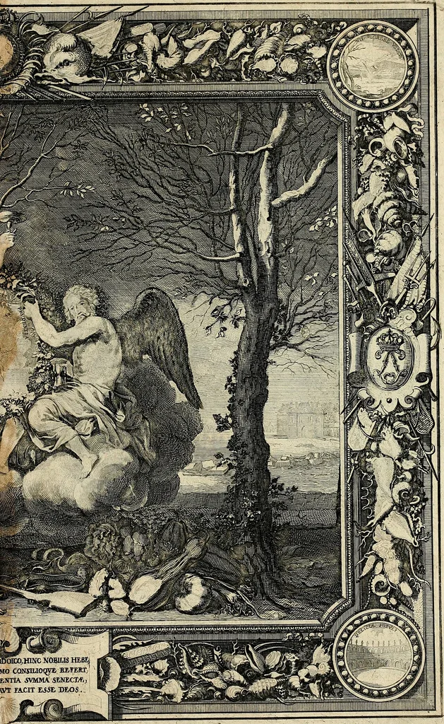 An illustration from Tapisseries du roy, ou sont representez les quatre elemens et les quatre saisons : avec les devises qvi les accompagnent & leur explication = Königliche französische Tapezereyen, oder überauss schöne Sinn-Bilder, in welchen die vier Element, samt den vier Jahr-Zeiten, neben den Dencksprüchen und ihren Ausslegungen, vorgestellet werden, 1690, leaf 144