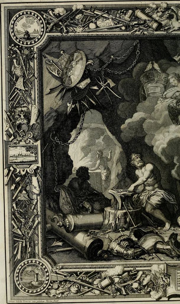 An illustration from Tapisseries du Roy, ou sont representez les quatre elemens et les quatre saisons ; avec les devises qui les accompagnent et leur explication = Königliche französische Tapezereyen, oder überaus schöne Sinn-Bilder, in welchen die vier Element, samt den vier Jahr-Zeiten, neben den Dencksprüchen und ihren Ausslegungen, vorgestellet werden. Aus den Original-Kupffern nachgezeichnet, und den Kunstliebenden zu Nutzen und Ergötzen an den Tag gegeben und verlegt, 1690, leaf 23