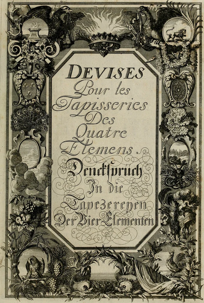 An illustration from Tapisseries du Roy, ou sont representez les quatre elemens et les quatre saisons : avec les devises qui les accompagnent et leur explication. Königliche französische Tapezereyen ..., 1687, leaf 14