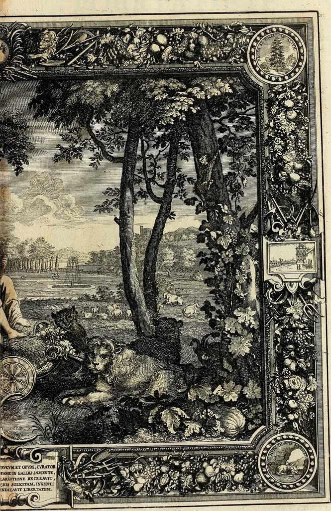 An illustration from Tapisseries du roy, ou sont representez les quatre elemens et les quatre saisons : avec les devises qvi les accompagnent & leur explication = Königliche französische Tapezereyen, oder überauss schöne Sinn-Bilder, in welchen die vier Element, samt den vier Jahr-Zeiten, neben den Dencksprüchen und ihren Ausslegungen, vorgestellet werden, 1690, leaf 70