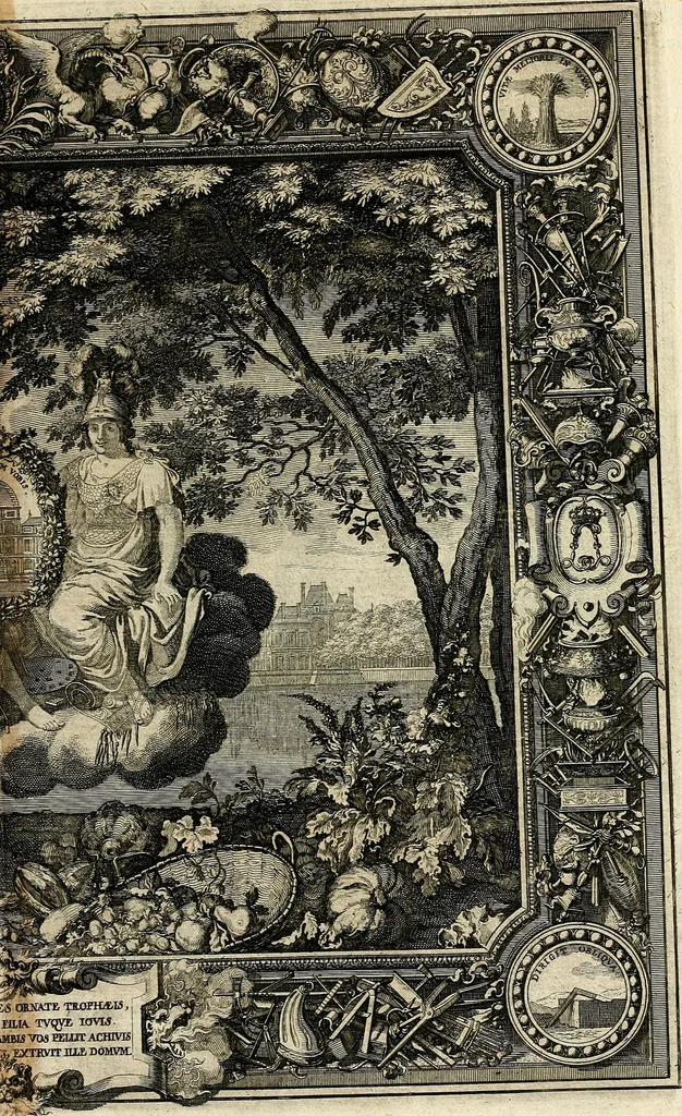 An illustration from Tapisseries du roy, ou sont representez les quatre elemens et les quatre saisons : avec les devises qvi les accompagnent & leur explication = Königliche französische Tapezereyen, oder überauss schöne Sinn-Bilder, in welchen die vier Element, samt den vier Jahr-Zeiten, neben den Dencksprüchen und ihren Ausslegungen, vorgestellet werden, 1690, leaf 112