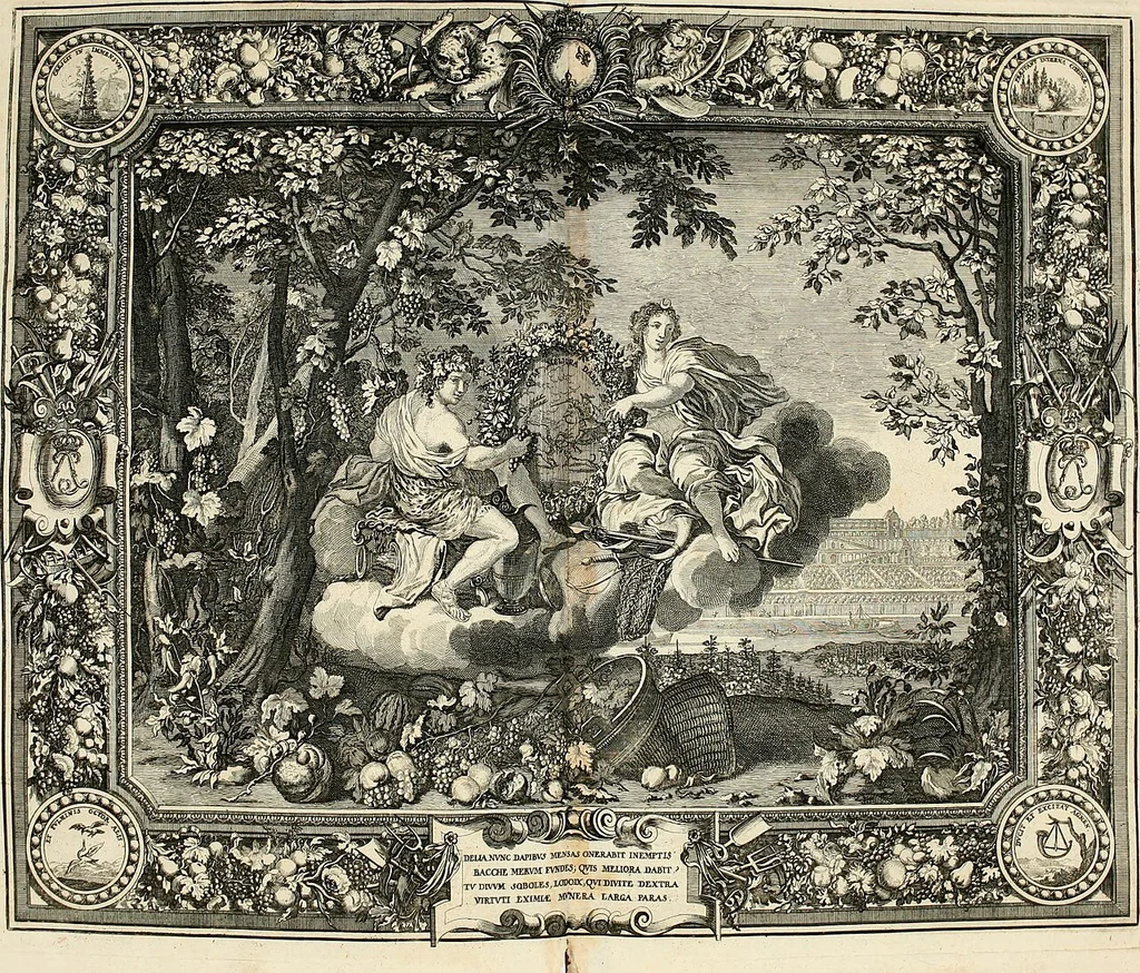An illustration from Tapisseries du roy, ou sont representez les quatre elemens et les quatre saisons : avec les devises qvi les accompagnent & leur explication = Königliche französische Tapezereyen, oder überauss schöne Sinn-Bilder, in welchen die vier Element, samt den vier Jahr-Zeiten, neben den Dencksprüchen und ihren Ausslegungen, vorgestellet werden, 1690, leaf 129