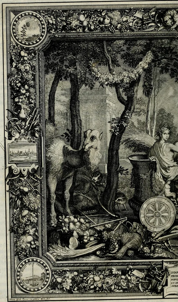 An illustration from Tapisseries du Roy, ou sont representez les quatre elemens et les quatre saisons ; avec les devises qui les accompagnent et leur explication = Königliche französische Tapezereyen, oder überaus schöne Sinn-Bilder, in welchen die vier Element, samt den vier Jahr-Zeiten, neben den Dencksprüchen und ihren Ausslegungen, vorgestellet werden. Aus den Original-Kupffern nachgezeichnet, und den Kunstliebenden zu Nutzen und Ergötzen an den Tag gegeben und verlegt, 1690, leaf 69
