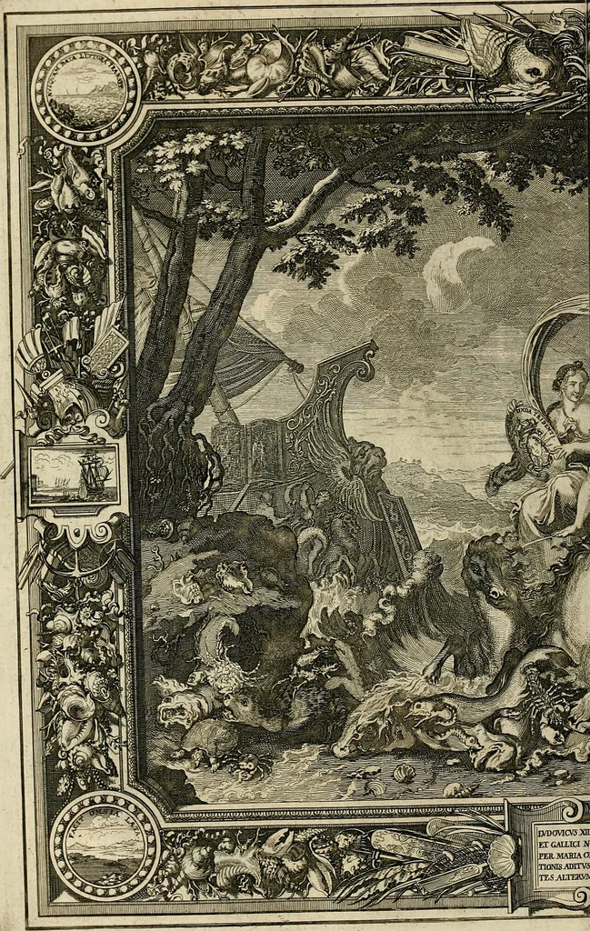 An illustration from Tapisseries du roy, ou sont representez les quatre elemens et les quatre saisons : avec les devises qvi les accompagnent & leur explication = Königliche französische Tapezereyen, oder überauss schöne Sinn-Bilder, in welchen die vier Element, samt den vier Jahr-Zeiten, neben den Dencksprüchen und ihren Ausslegungen, vorgestellet werden, 1690, leaf 53