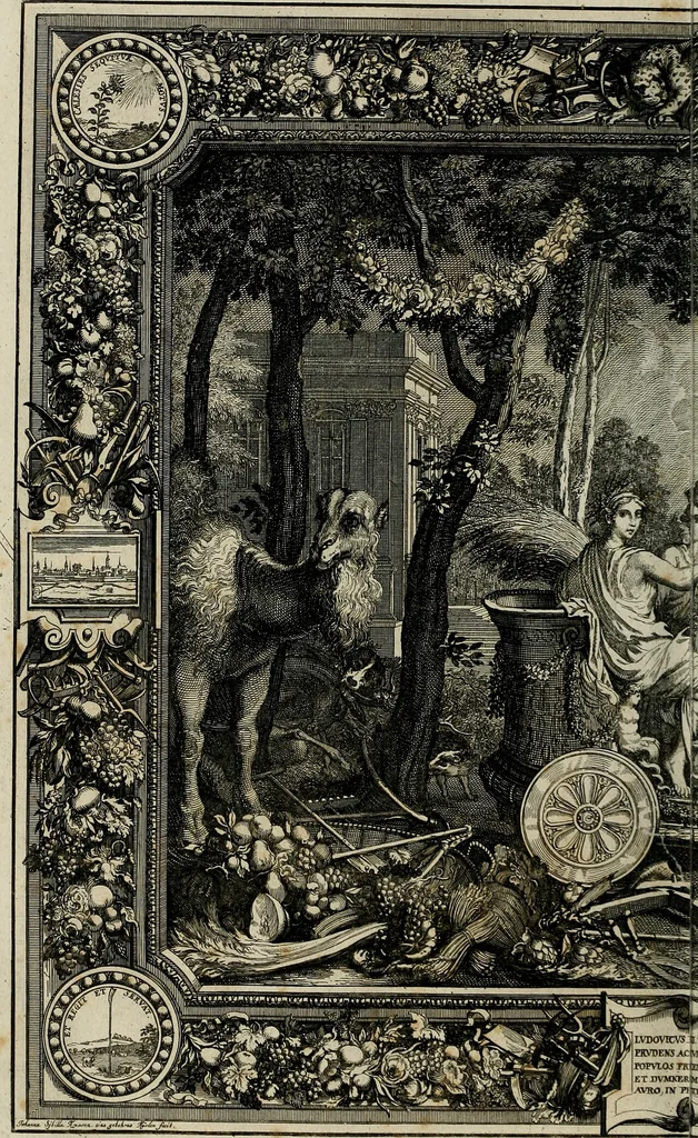 An illustration from Tapisseries du Roy, ou sont representez les quatre elemens et les quatre saisons : avec les devises qui les accompagnent et leur explication. Königliche französische Tapezereyen ..., 1687, leaf 73