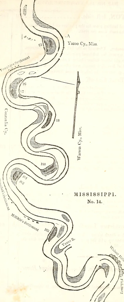 An illustration from The western pilot : containing charts of the Ohio River, and of the Mississippi, from the mouth of the Missouri to the Gulf of Mexico ; accompanied with directions for navigating the same, and a gazetteer ; or description of the towns on their banks, tributary streams, etc., also, a variety of matter interesting to travelers, and all concerned in the navigation of those rivers ; with a table of distances from town to town on all the above rivers, 1847, leaf 109