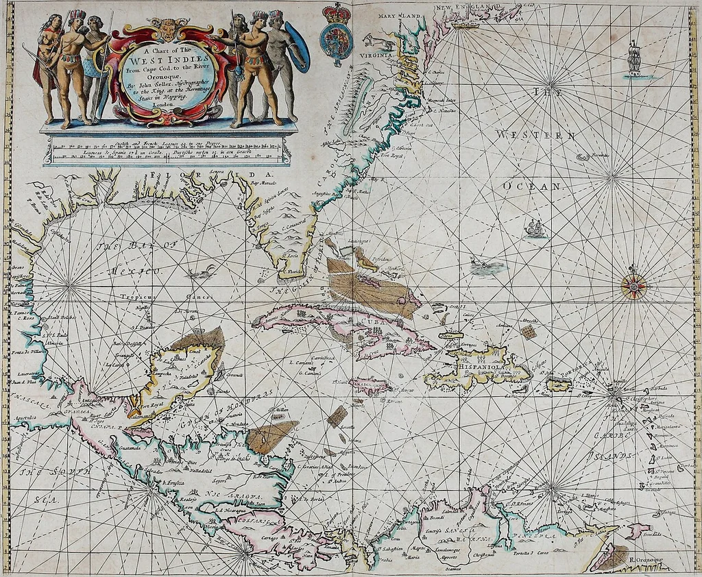 An illustration from Atlas maritimus, or A book of charts : Describeing the sea coasts capes headlands sands shoals rocks and dangers the bayes roads harbors rivers and ports, in most of the knowne parts of the world. With the true courses and distances, from one place to another : Gathered from the latest and best discoveryes, that have bin made by divers able and experienced navigators of our English nation : Accomodated with an hydrographicall description of the whole world, 1672, leaf 82