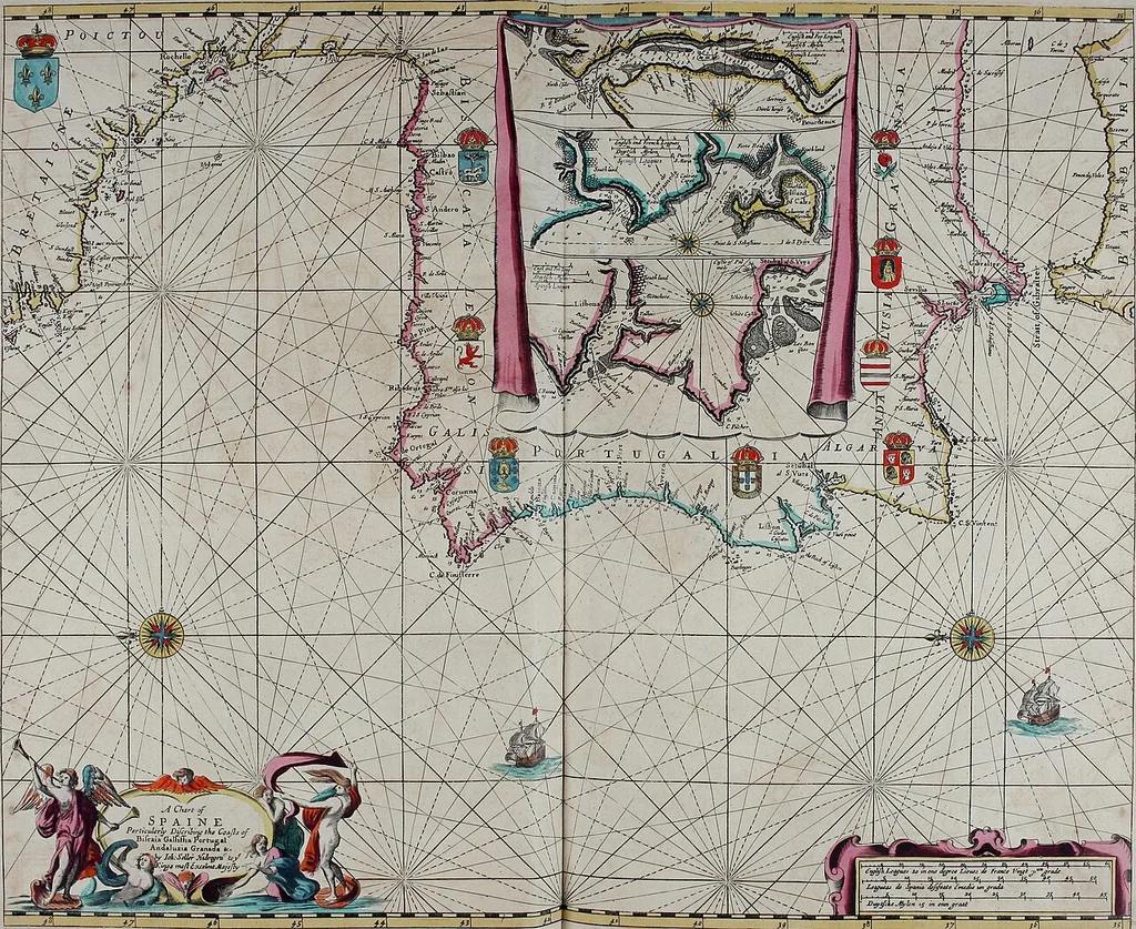An illustration from Atlas maritimus, or A book of charts : Describeing the sea coasts capes headlands sands shoals rocks and dangers the bayes roads harbors rivers and ports, in most of the knowne parts of the world. With the true courses and distances, from one place to another : Gathered from the latest and best discoveryes, that have bin made by divers able and experienced navigators of our English nation : Accomodated with an hydrographicall description of the whole world, 1672, leaf 60